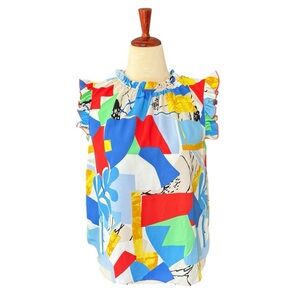 Ces Femme Blue Red Multi Colored Graphic Ruffled Blouse Size Med Cap Sleeve